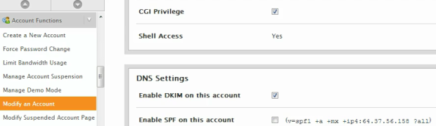 How to modify an account in WHM?